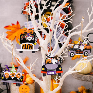 Halloween car-shaped gnome ornaments set with pumpkins and ghosts, multicolor wooden decorations.