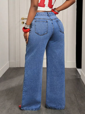 Medium Blue with Asymmetrical High-waisted Wide-leg Jeans in Medium Blue