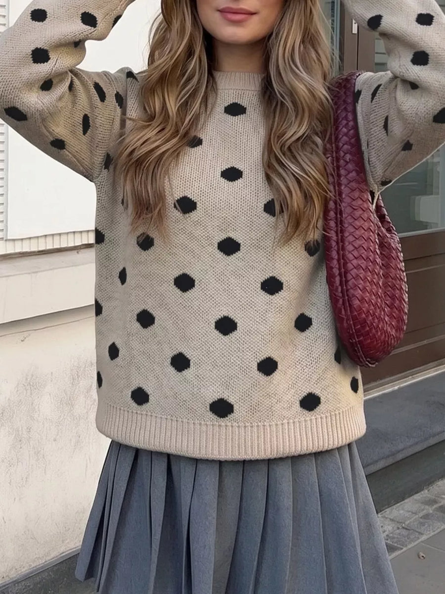 Khaki with Polka Dot Dropped Shoulder Sweater in Khaki