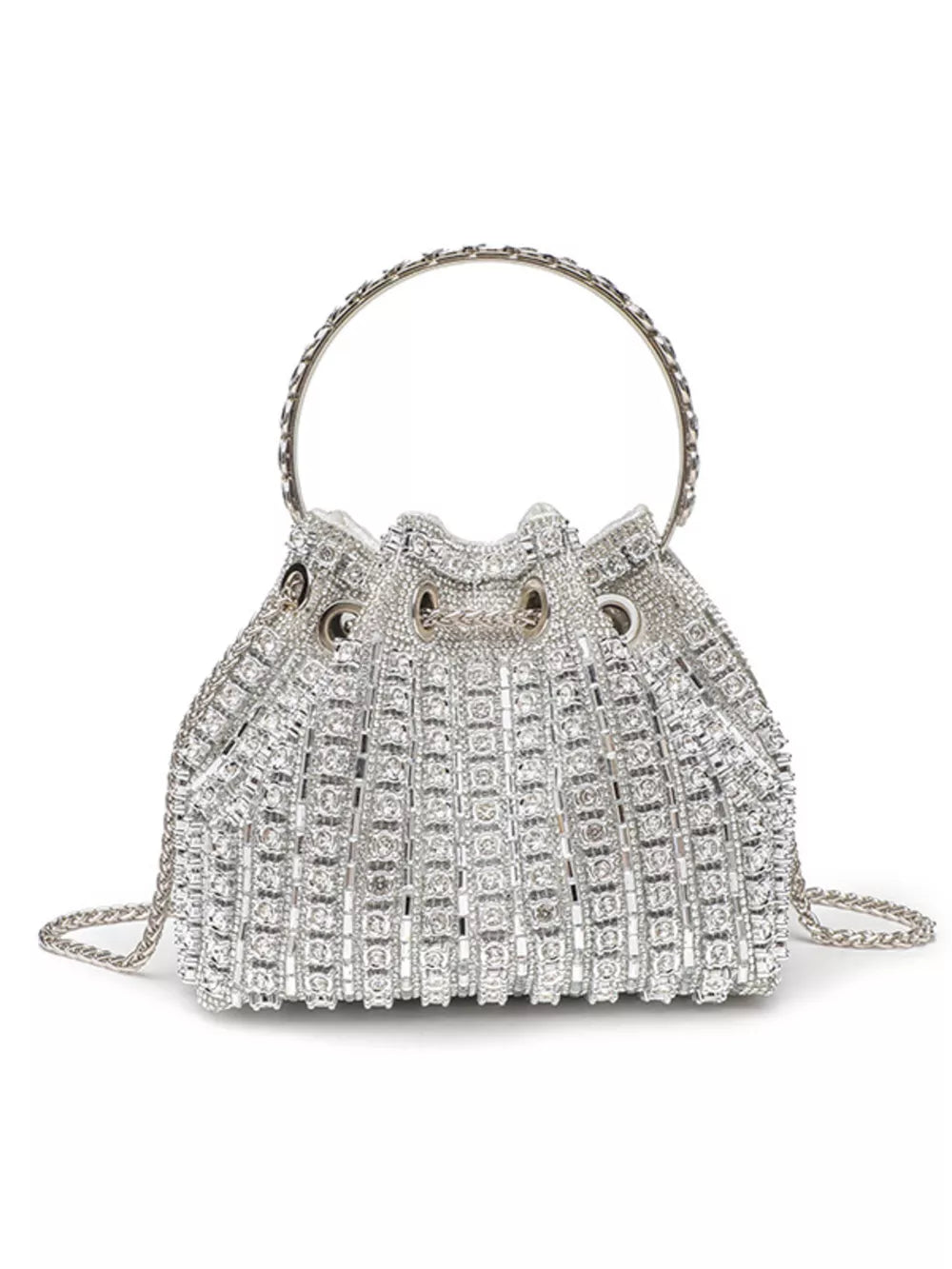 Silver rhinestone embellished mini crossbody bucket bag with chain strap and circular handle.