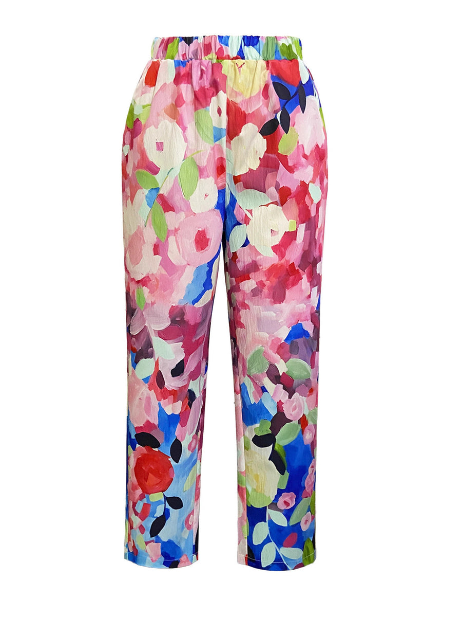 royal blue wide-leg pants featuring pocketed and floral