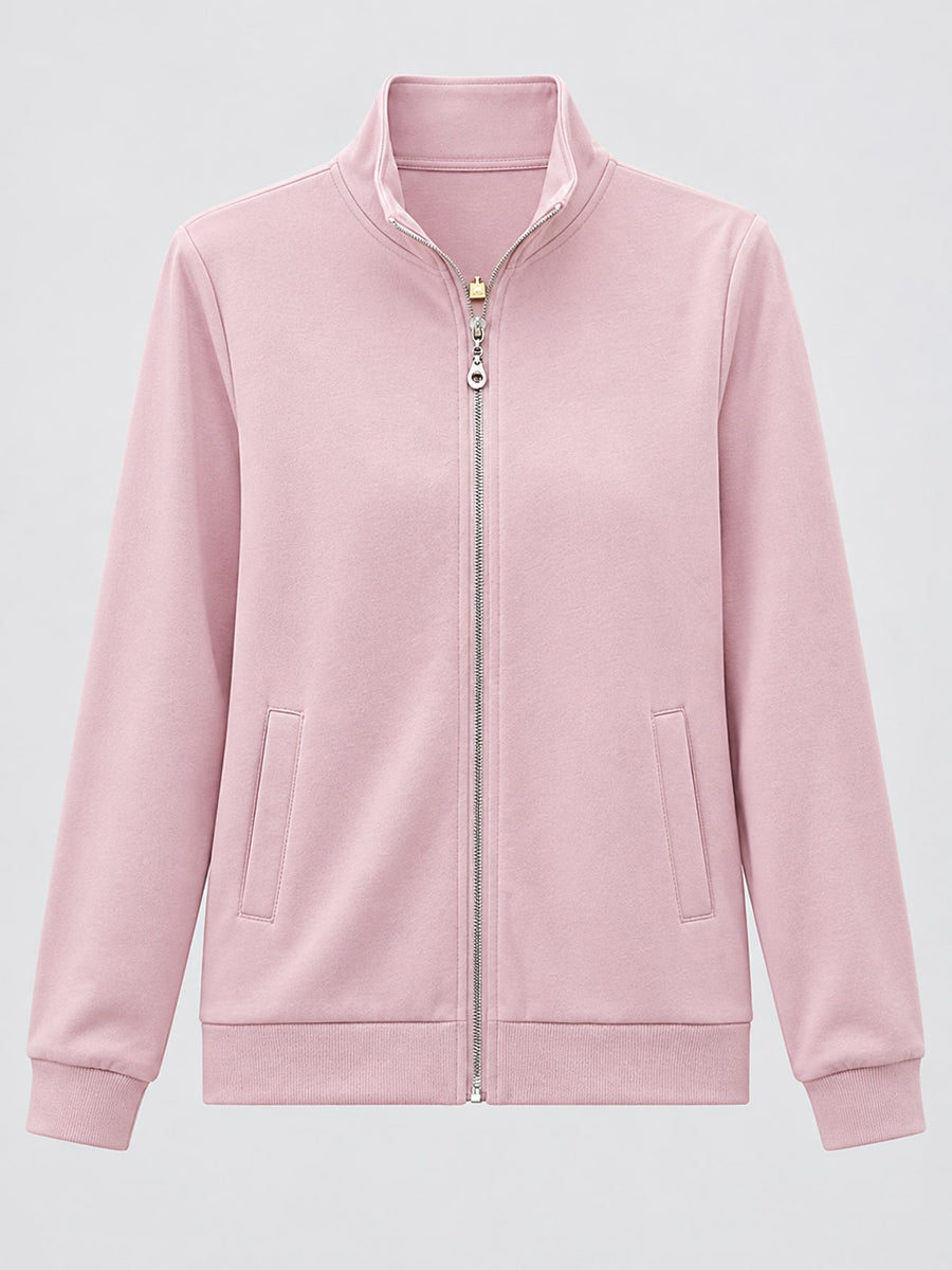 Pink sweatshirt with hip-length and zip-front