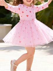 light pink fit-and-flare dress with heart-print and round neck
