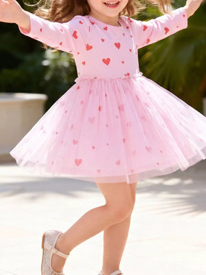 light pink fit-and-flare dress with heart-print and round neck