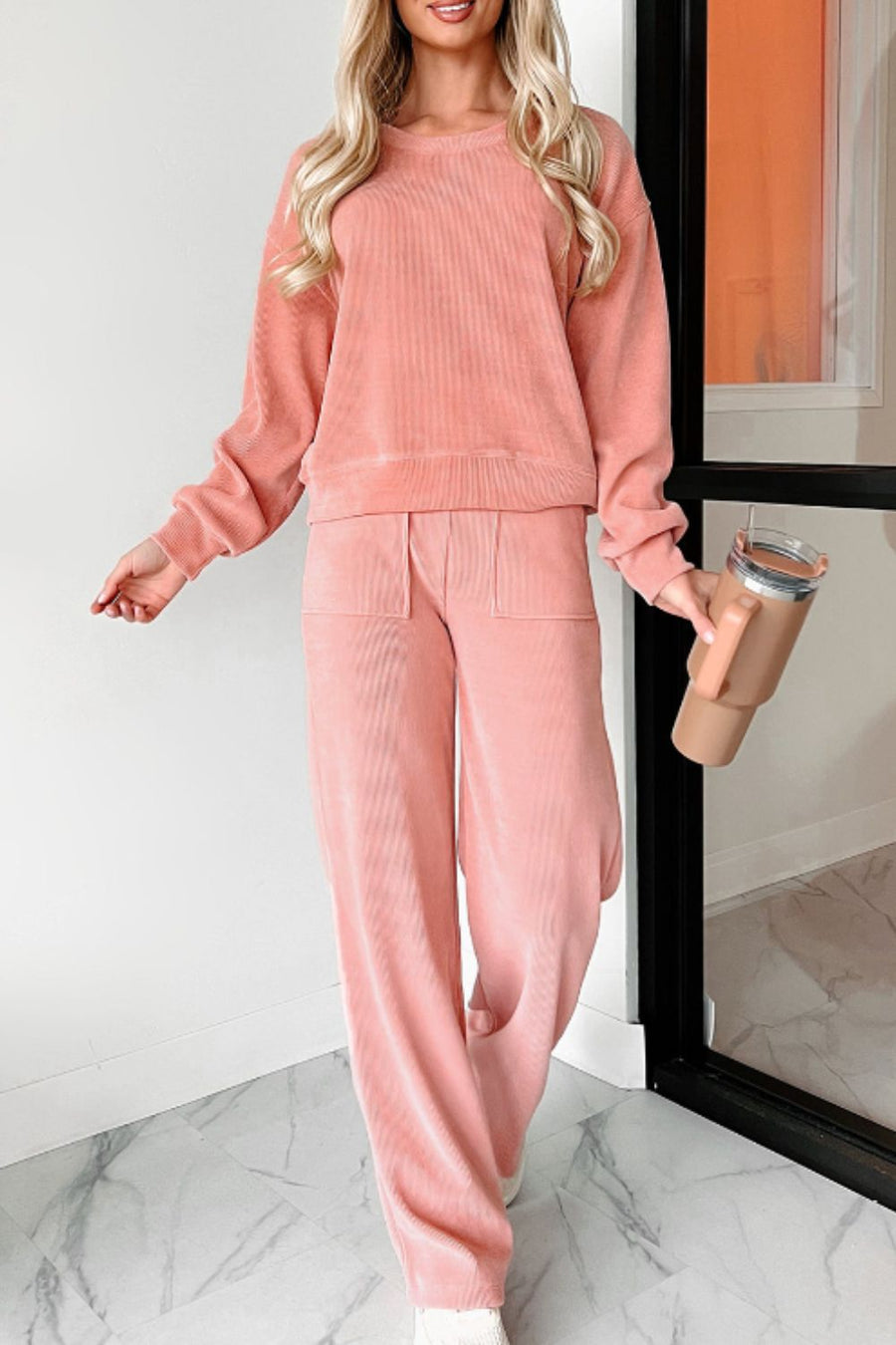 Vonili plush corduroy lounge set in Pink, relaxed fit.