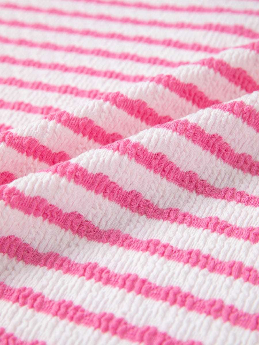 Textured pink and white striped V-neck t-shirt with elastane.