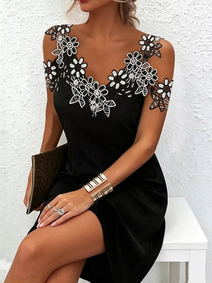 White Lace Floral Trim Cold Shoulder Mini Dress