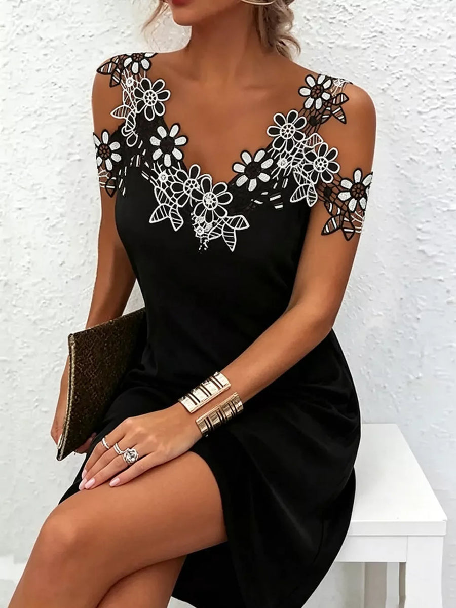 White Lace Floral Trim Cold Shoulder Mini Dress