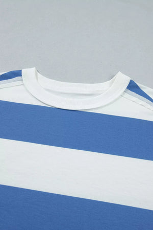 T-shirt dress with blue and white horizontal stripes and crew neck.