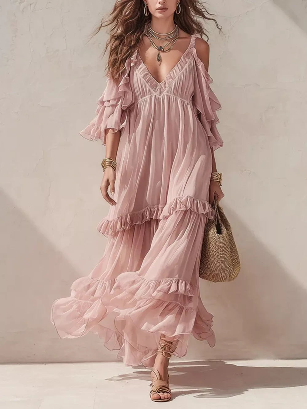 maxi dress in blush pink featuring tiered and A-line fit