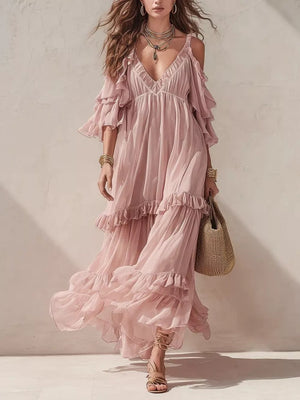 maxi dress in blush pink featuring tiered and A-line fit
