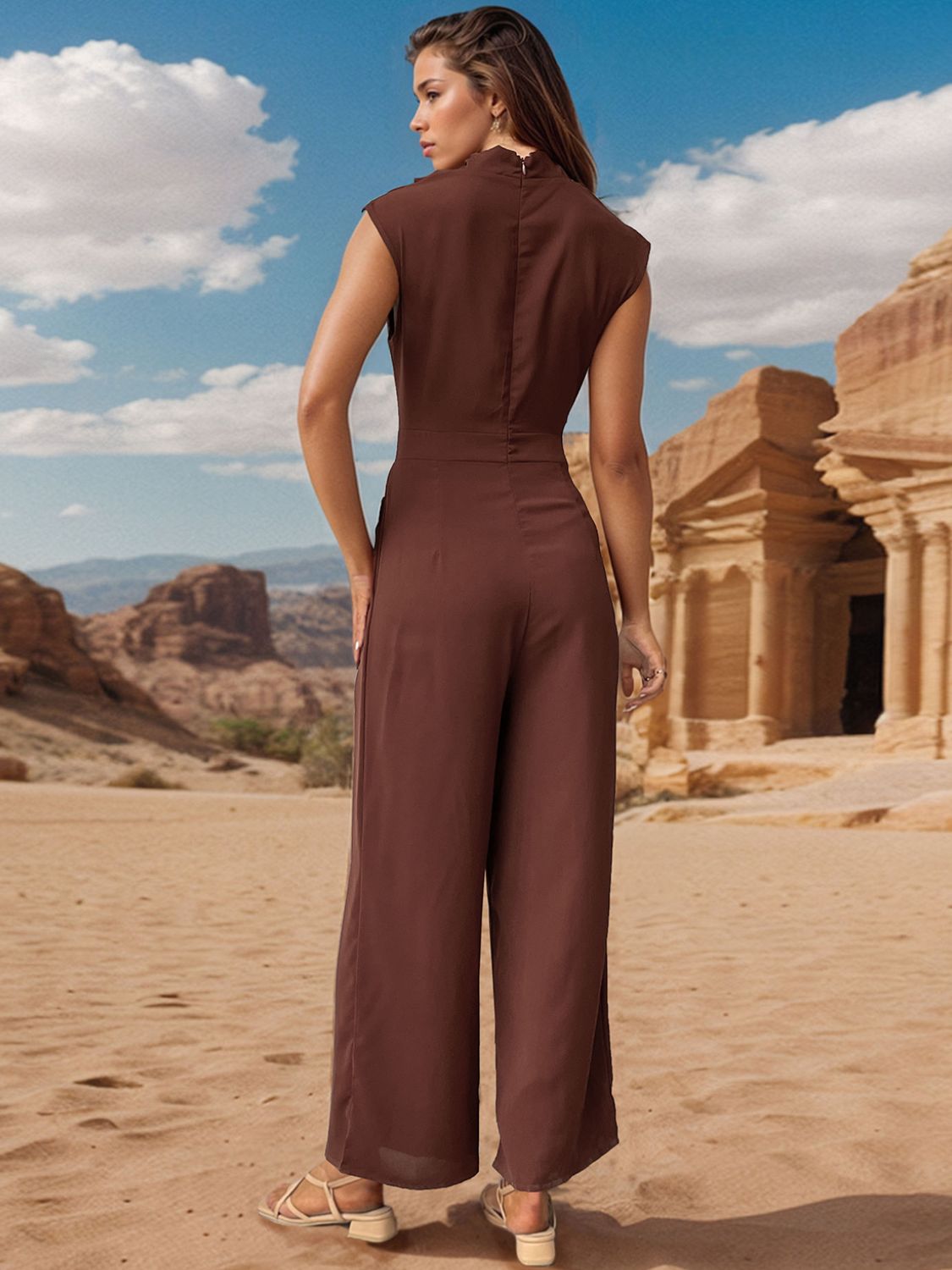Brown draped neckline wide-leg jumpsuit with cap sleeves and a high neckline.