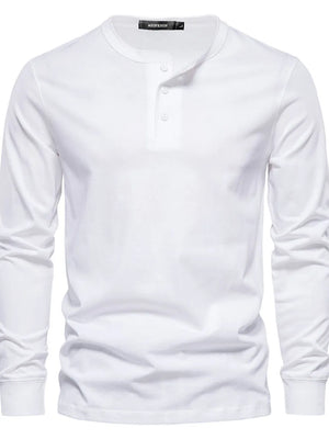 White long sleeve Henley knit t-shirt with button placket and crew neck.