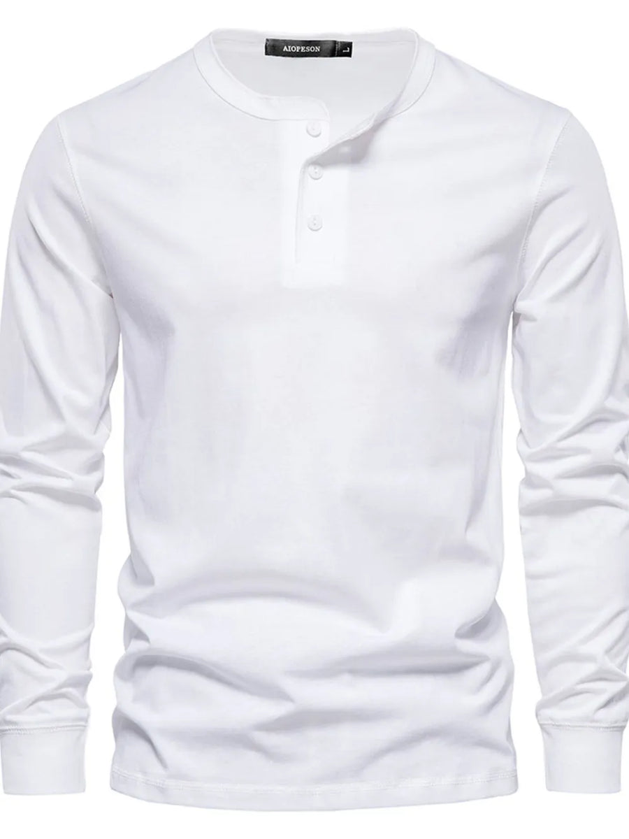 White long sleeve Henley knit t-shirt with button placket and crew neck.