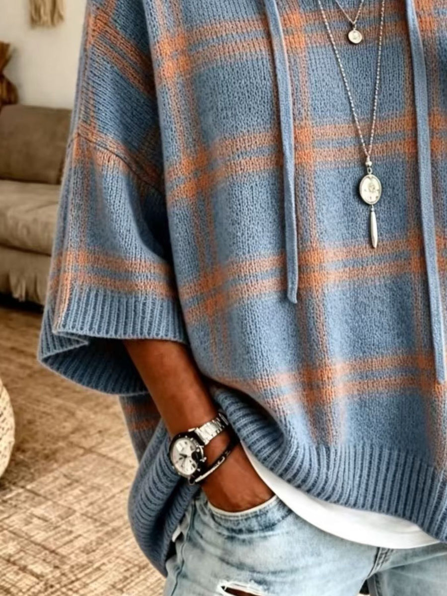 Plaid Hooded Knit Sweater in denim blue with Ribbed
