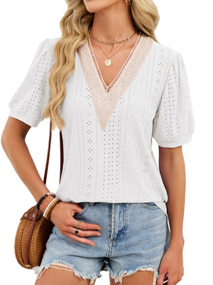 White eyelet v-neck t-shirt with lace trim and puff sleeves