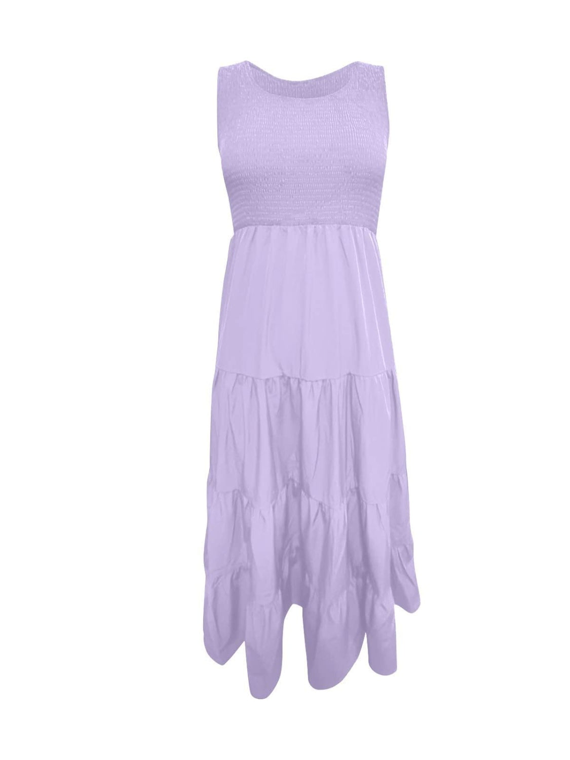 Lavender smocked bodice ruffled maxi dress with tiered skirt