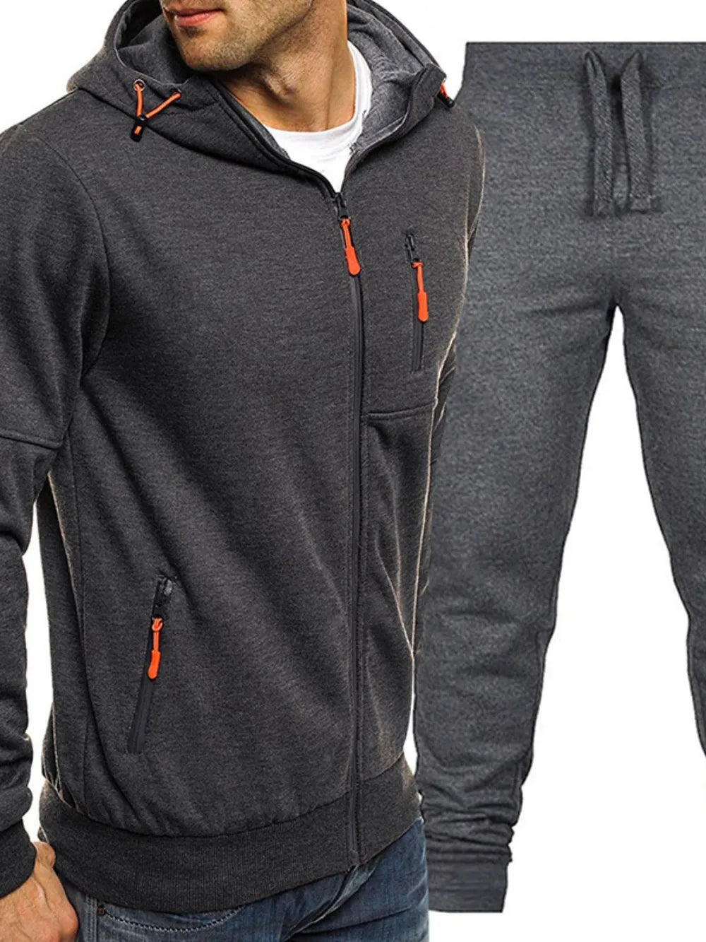 Tech-inspired dark gray zip-up tracksuit set with orange zipper accents and drawstring waist pants.