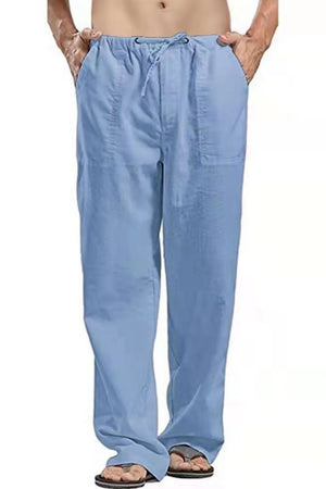 Light blue linen drawstring trousers for men with a relaxed fit and side pockets.