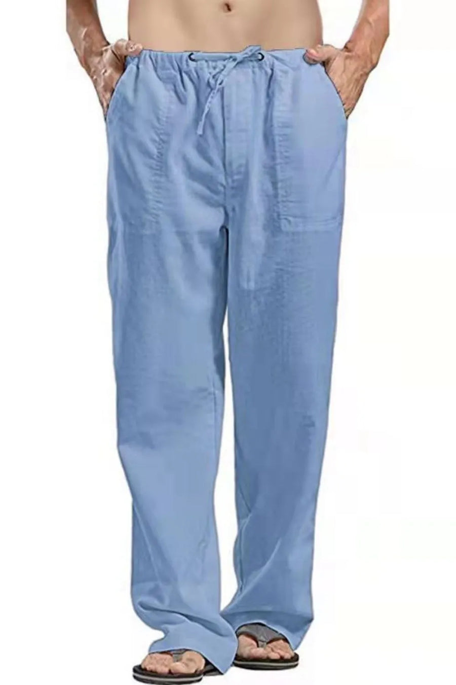 Light blue linen drawstring trousers for men with a relaxed fit and side pockets.