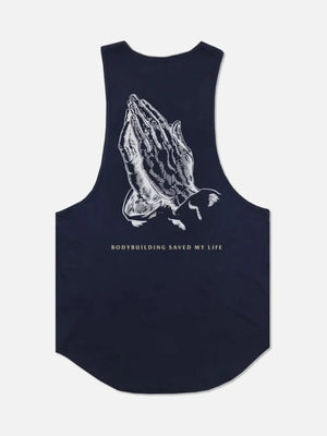 Navy praying hands graphic muscle tank top with bodybuilding text detail
