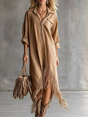 Fringe Hem Zip-up Shirt Dress in White with pocketed