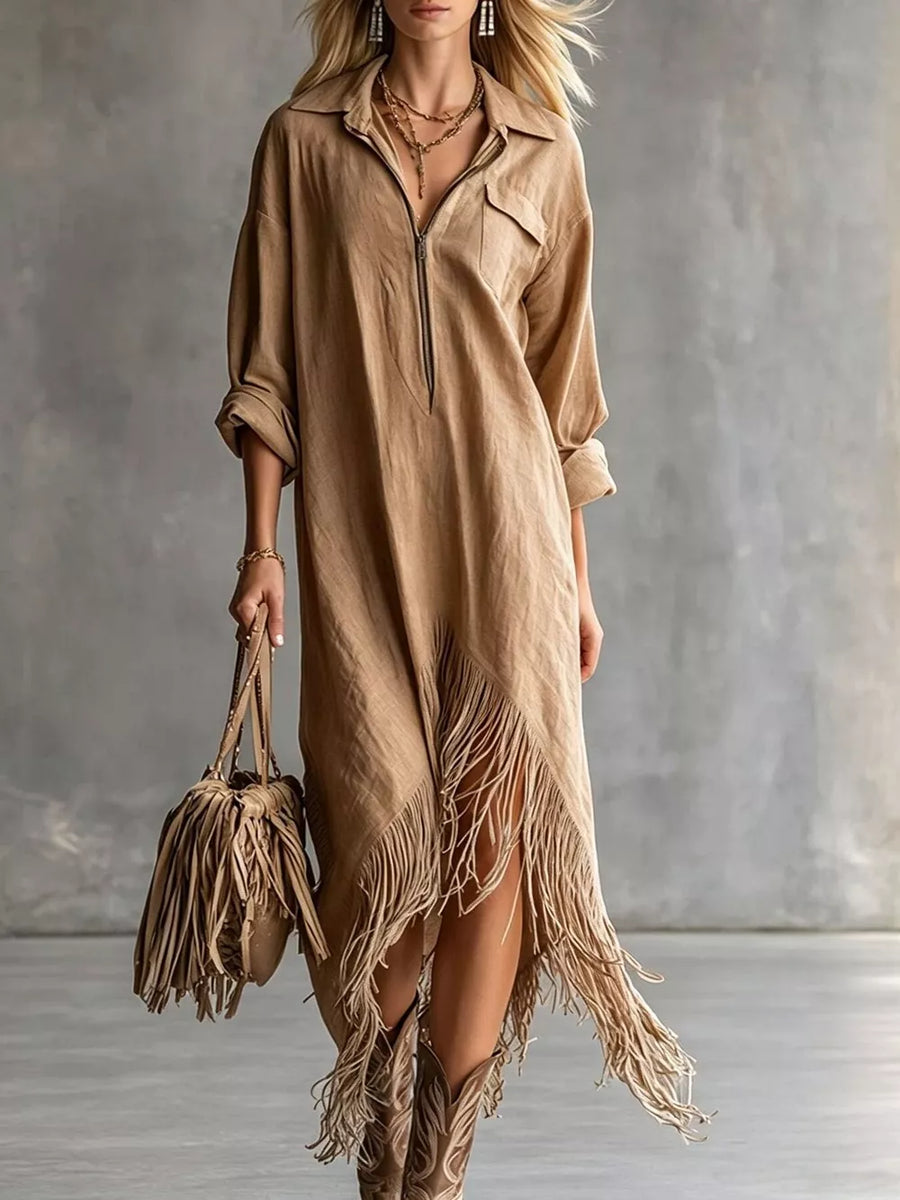 Fringe Hem Zip-up Shirt Dress in White with pocketed