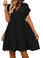 Black V-neck mini dress with short sleeves and a ruffled hem.