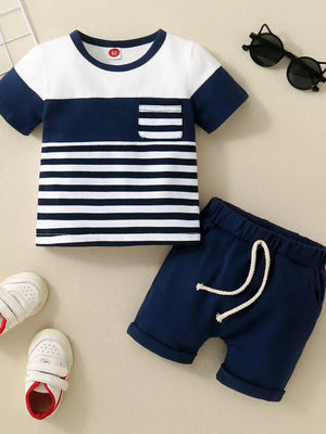 Emerald Color Children's Striped T-shirt And Shorts Set