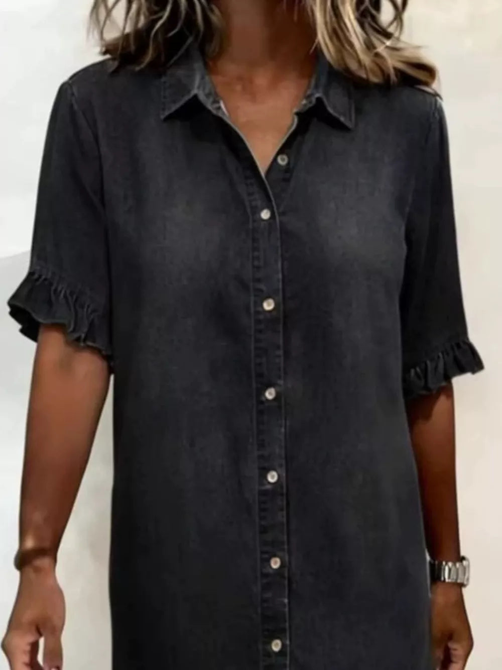 Blue shirt dress with ruffled hem and short sleeve