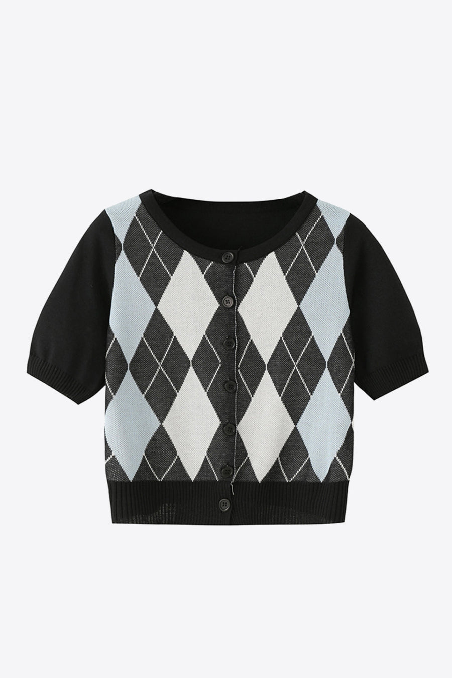 Argyle knit cropped cardigan with short sleeves and button front in black and light blue.