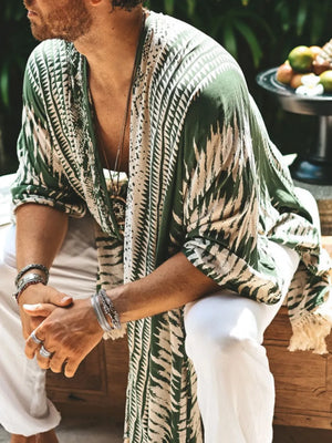 Army green geometric print kimono with fringe trim and relaxed fit