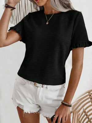 Black textured t-shirt with ruffle short sleeves and crew neck.