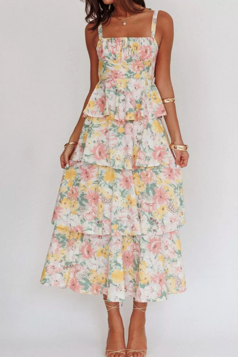 Tiered floral midi dress with square neckline and spaghetti straps