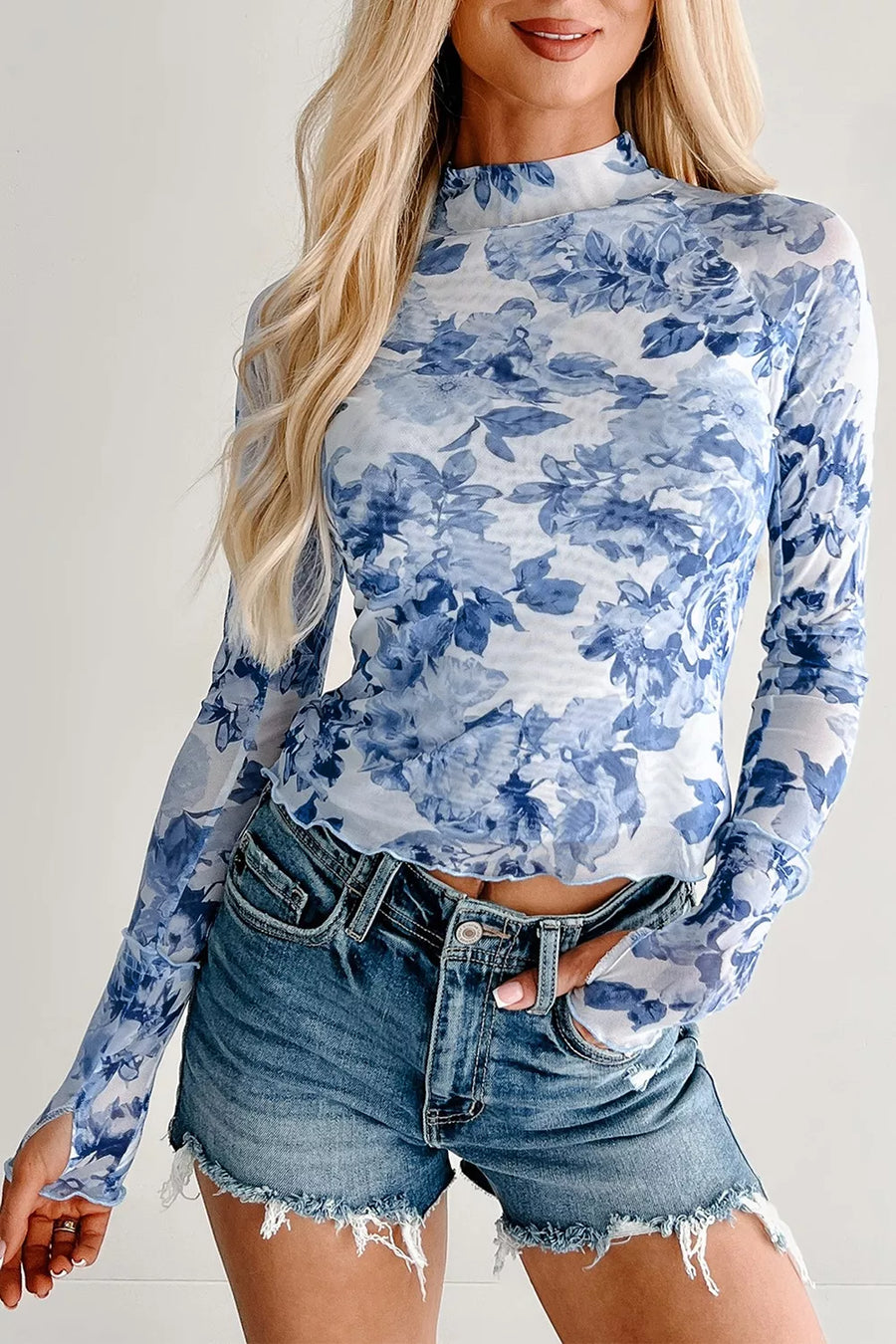 Floral Print Long Sleeve Mesh Top in Light Blue