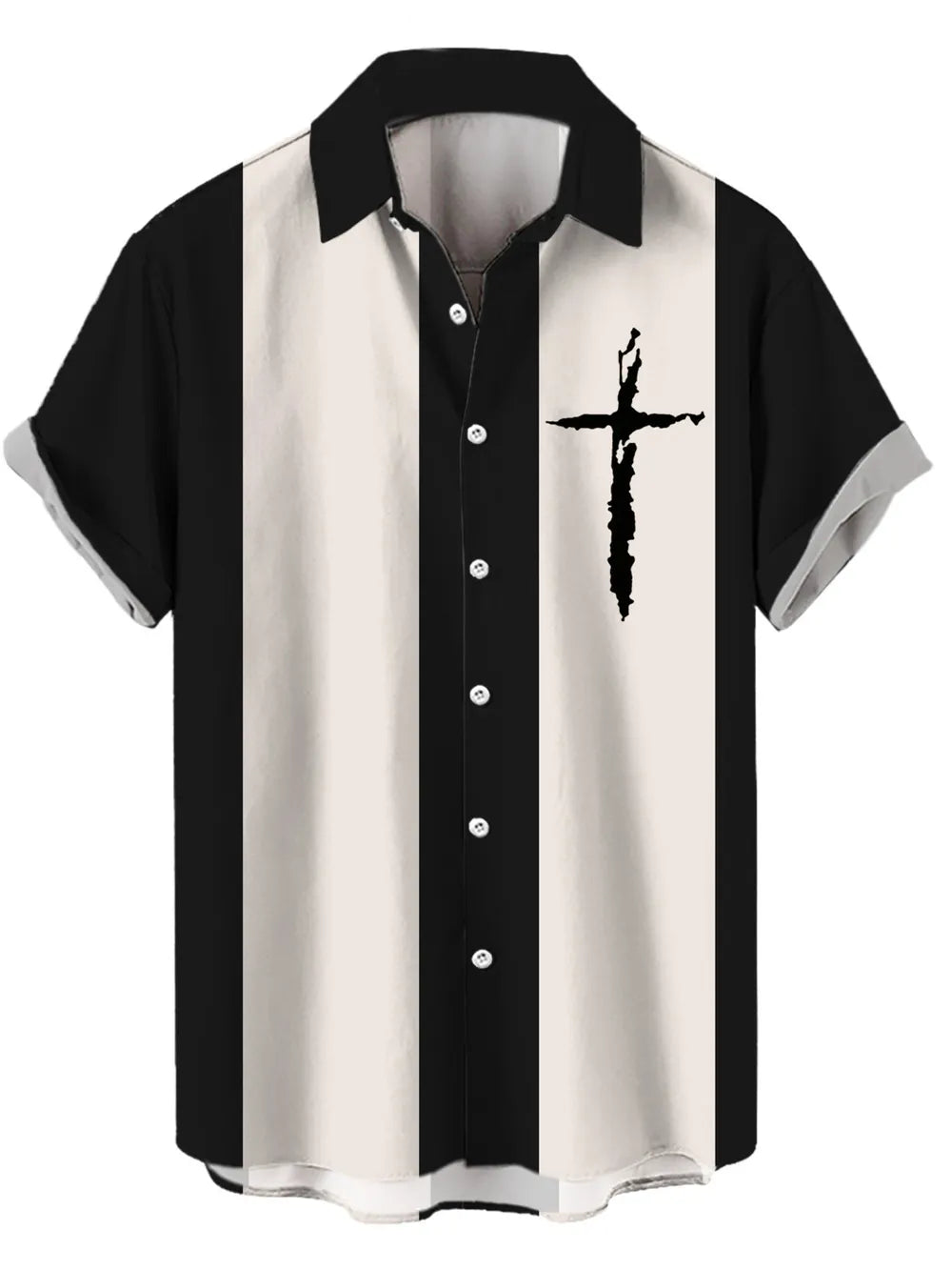 Button-up shirt with black and cream vertical stripes and a black cross graphic on the chest.