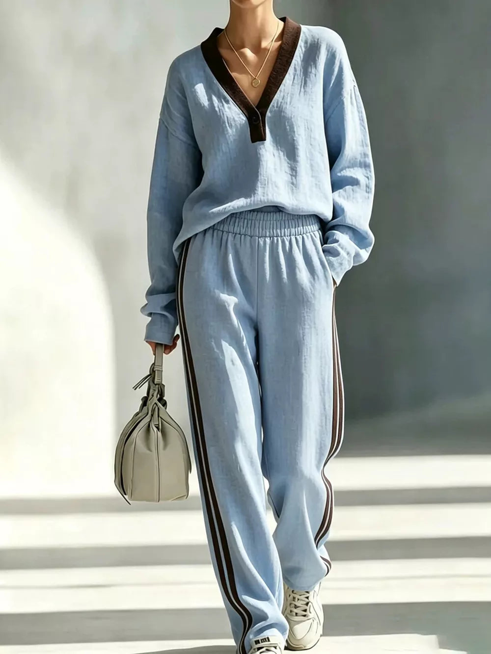 sky blue lounge set with striped and v-neck
