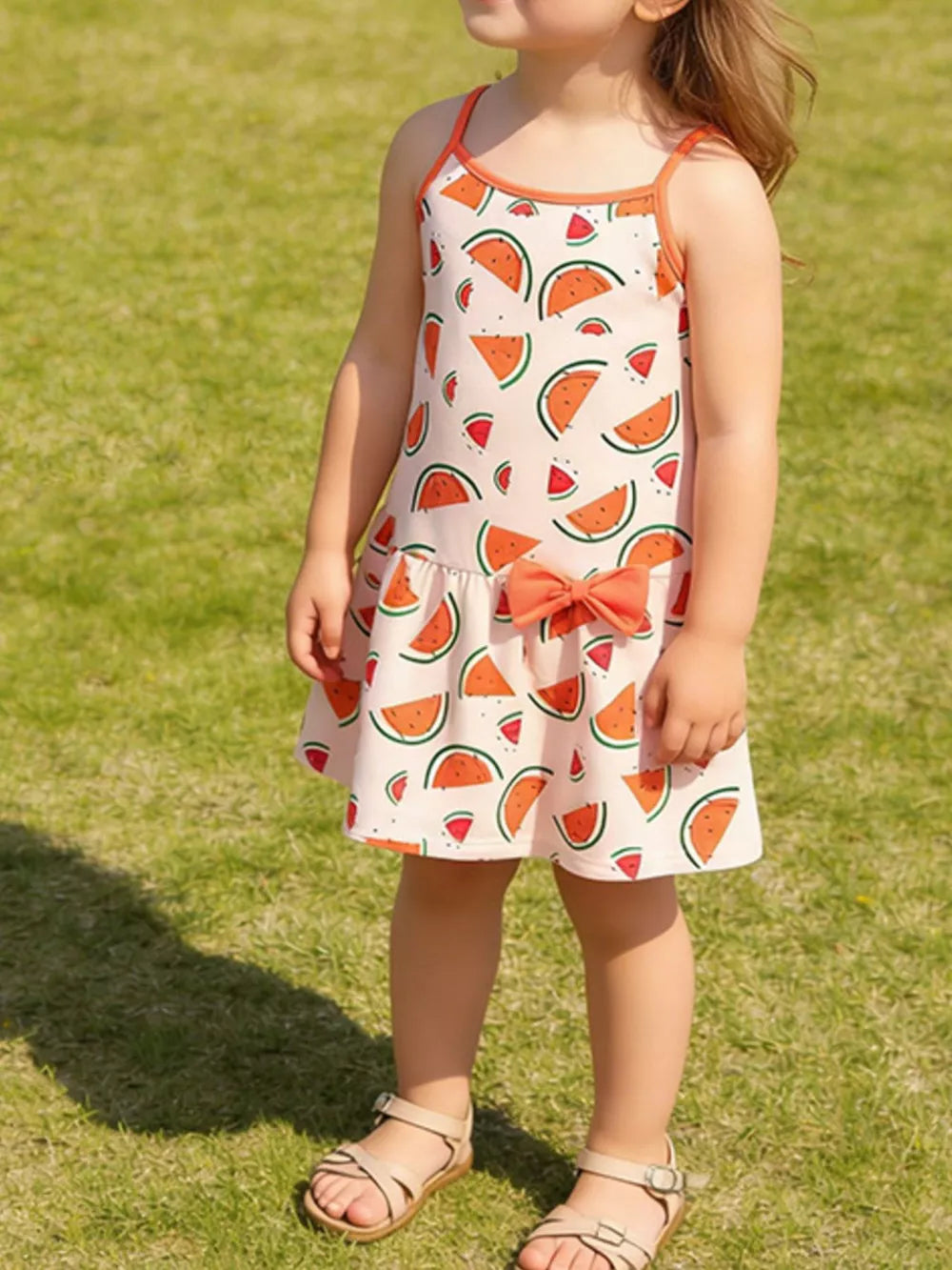 Toddler sundress with watermelon print, orange bow detail, and spaghetti straps.