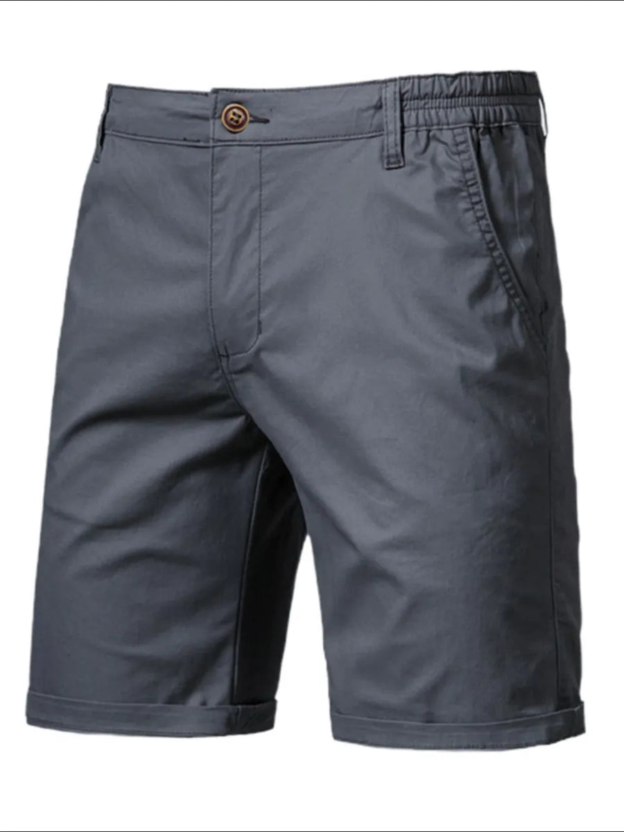 Gray relaxed-fit chino shorts with elastic waist and cuffed hem