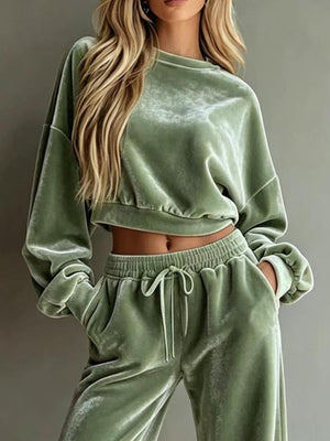 Full Size Cropped Sweatshirt And Wide-Leg Pants Set in Cream with drawstring