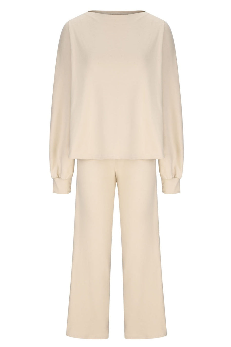 Wide-leg lounge set in cream with balloon sleeves and a crew neck.