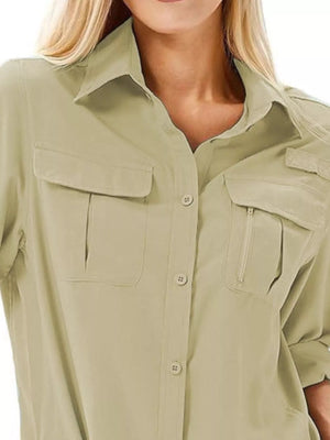 Sage button-up shirt with chest pockets and roll-up sleeves.