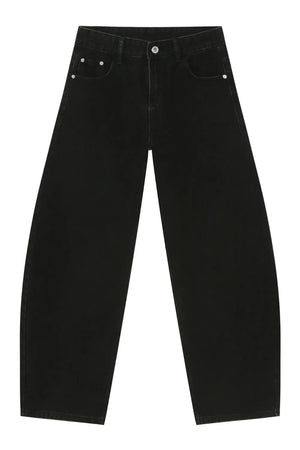 Black denim balloon trousers with a wide leg and casual fit.