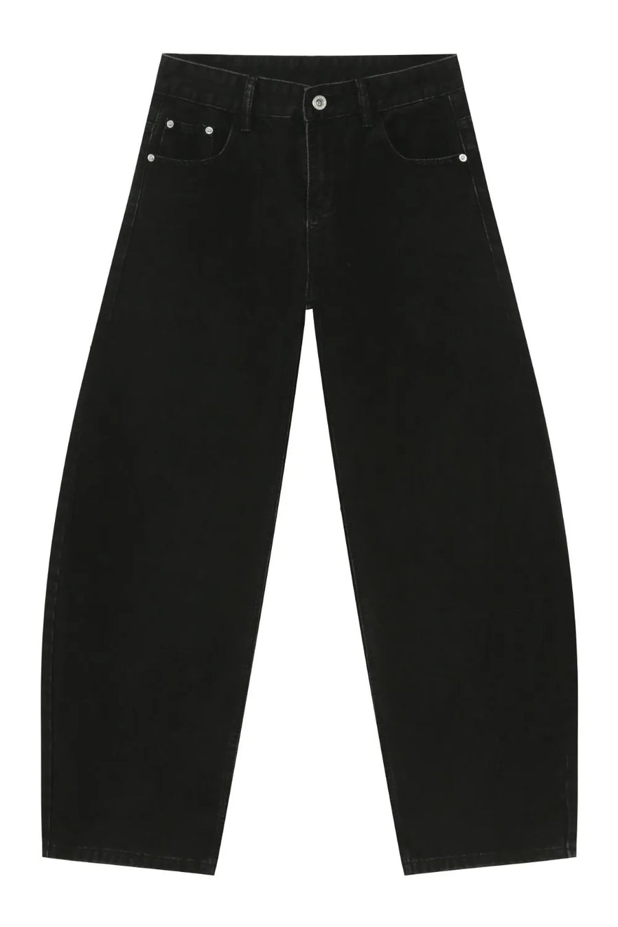 Black denim balloon trousers with a wide leg and casual fit.