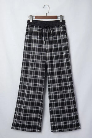 wide-leg pants featuring plaid in white with 97% polyester, 3% elastane Care instructions: Machine wash cold texture