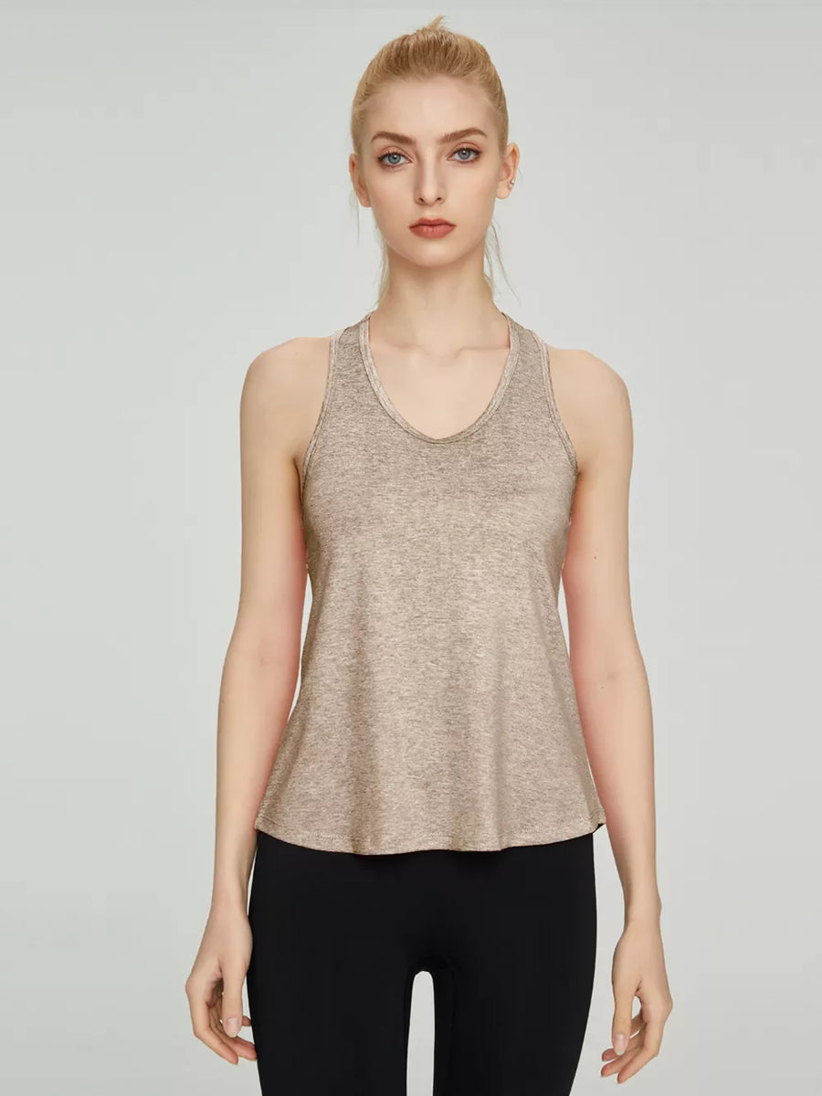 Tank top in heathered beige fabric with a scoop neck and racerback.