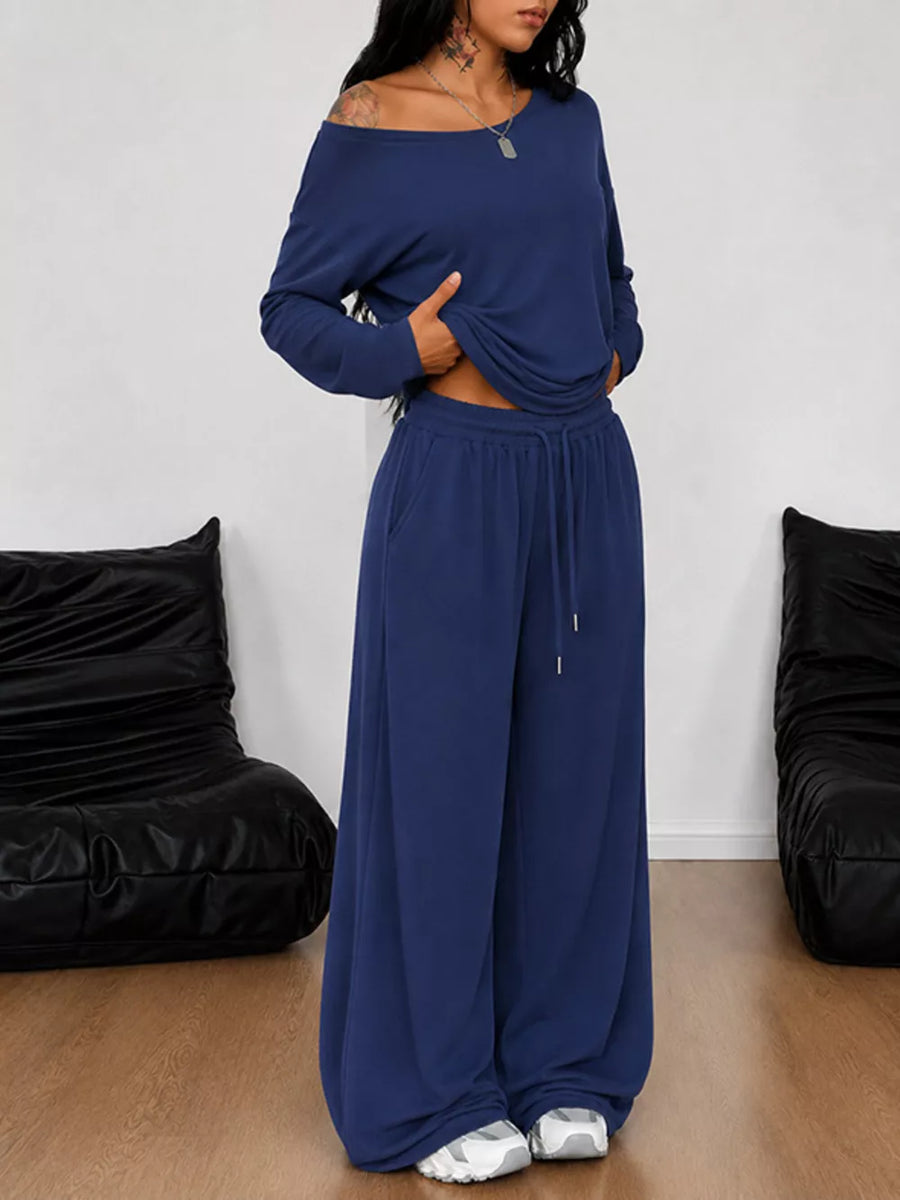 Dark Gray One-shoulder Top And Drawstring Pants Set Plus Size
