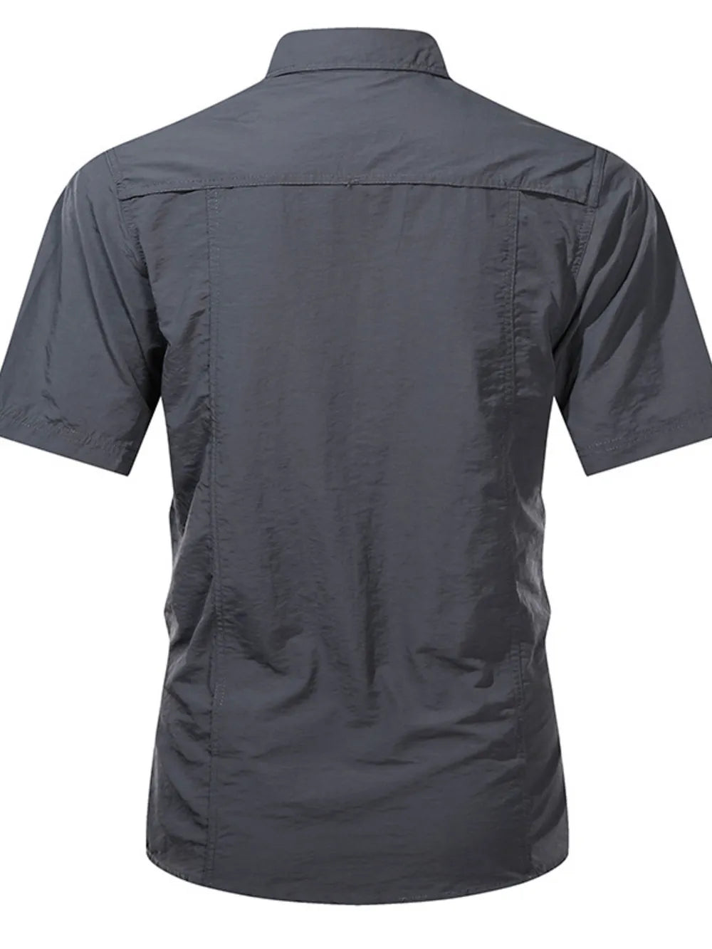 Men's dark gray short sleeve button-up shirt with collar and back yoke detail
