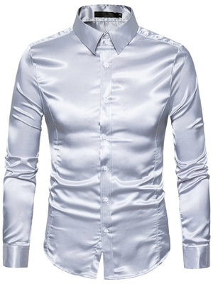 Men's Satin Long Sleeve Shirt in Khaki with button cuffs