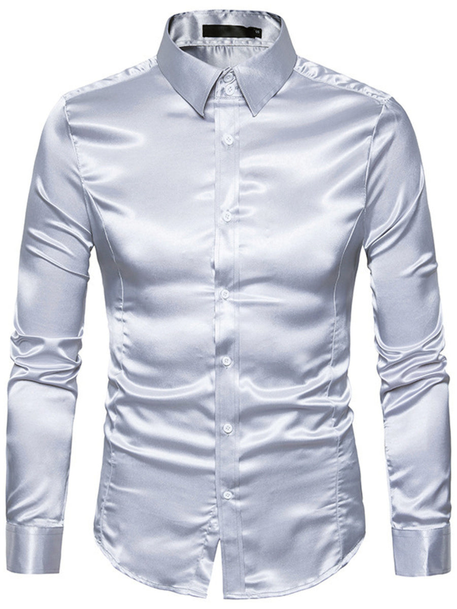 Men's Satin Long Sleeve Shirt in Khaki with button cuffs